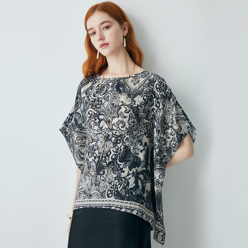 100% Mulberry Silk] Spring and Summer New Round Neck High Ethnic Style Printed Short Sleeve Loose Silk T-shirt for Women