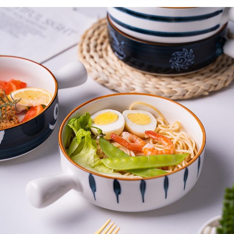 650ml Art Ceramic Dish Handle Round Soup Noodle Kitchen Dessert Tableware