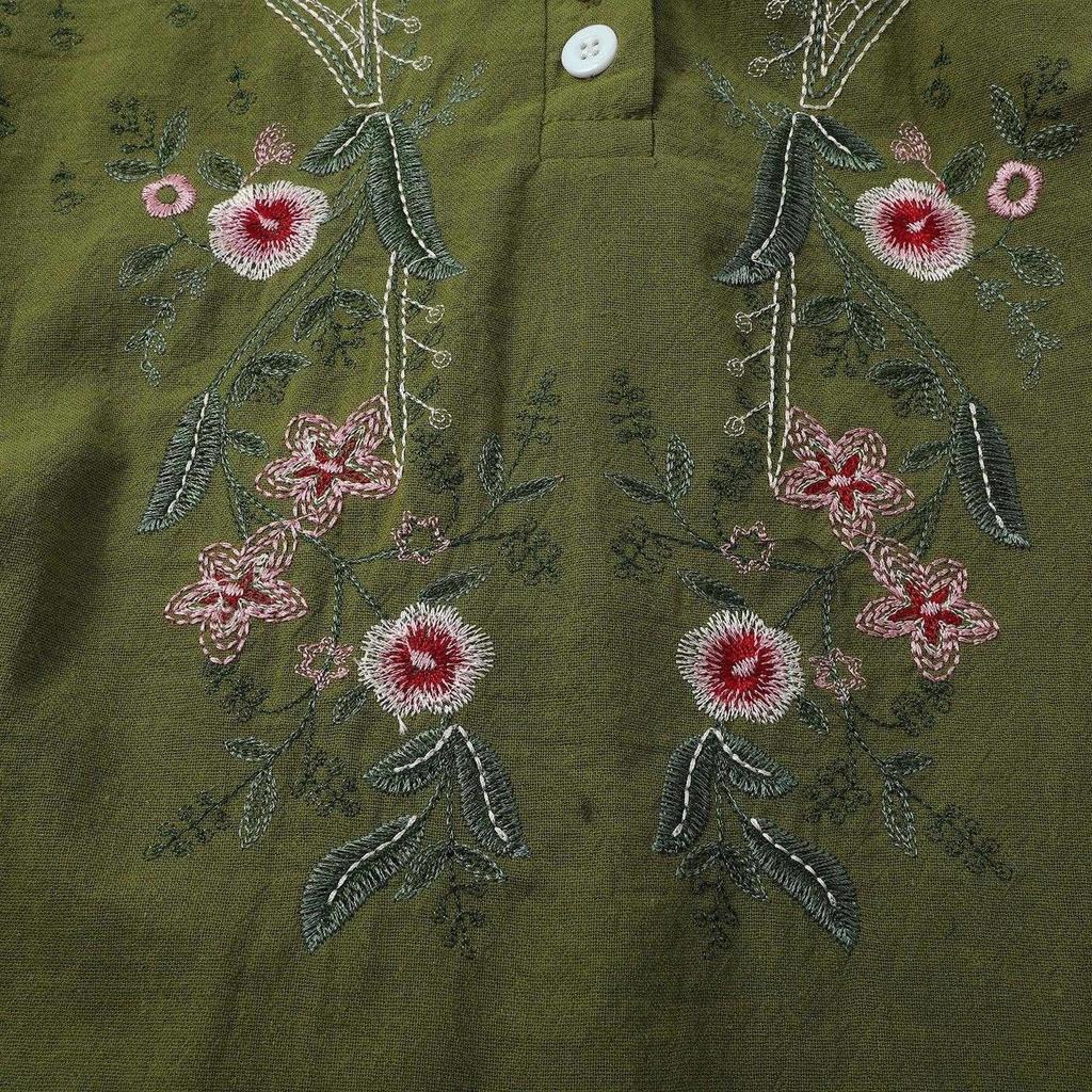 Damen locker geschnittene bestickte Knopfleiste V-Ausschnitt Freizeitbluse Top mit hochkrempelbaren Ärmeln und Blumenmuster für den täglichen Gebrauch