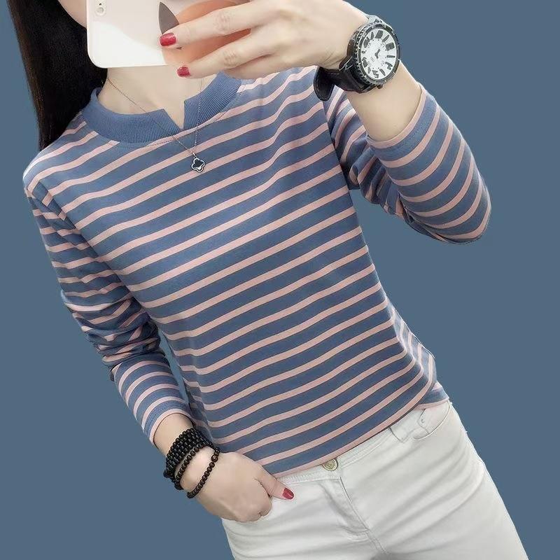 Extra Fat and Loose Long-sleeved Autumn Striped Bottoming Shirt Combed Cotton