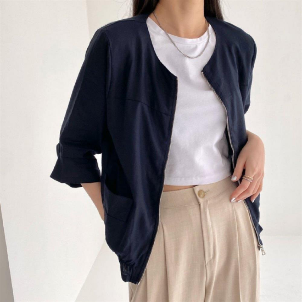 New Arrivals Open Run Women 7 8 Sleeve String No Collar Linen Blend Jacket