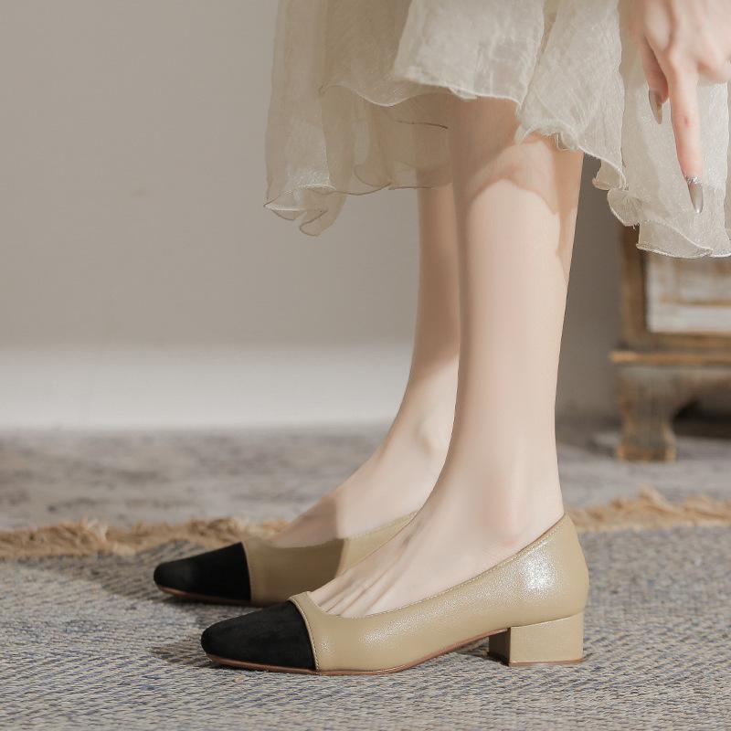 Color matching Xiaoxiangfeng thick heel single shoes women's summer defense leather shoes high heels are not tired feet women's shoes are versatile