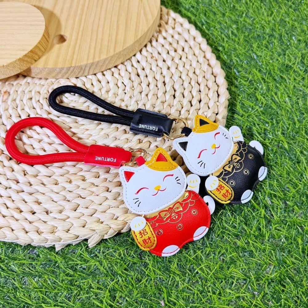Cartoon Pu Leather Fortune Cat Keychain Get Rich Car Keychain Funny Bag Hanging New Year Gift