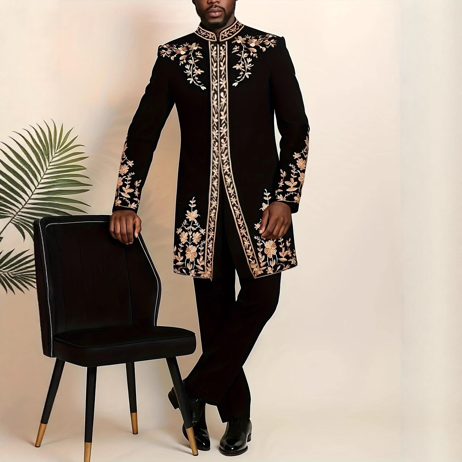 

2025 Trendy Men s African Embroidered Suit & Trousers Set S чёрный
