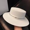JYL DIY French White Straw Hat Flat Top Sun Protection Woven Straw