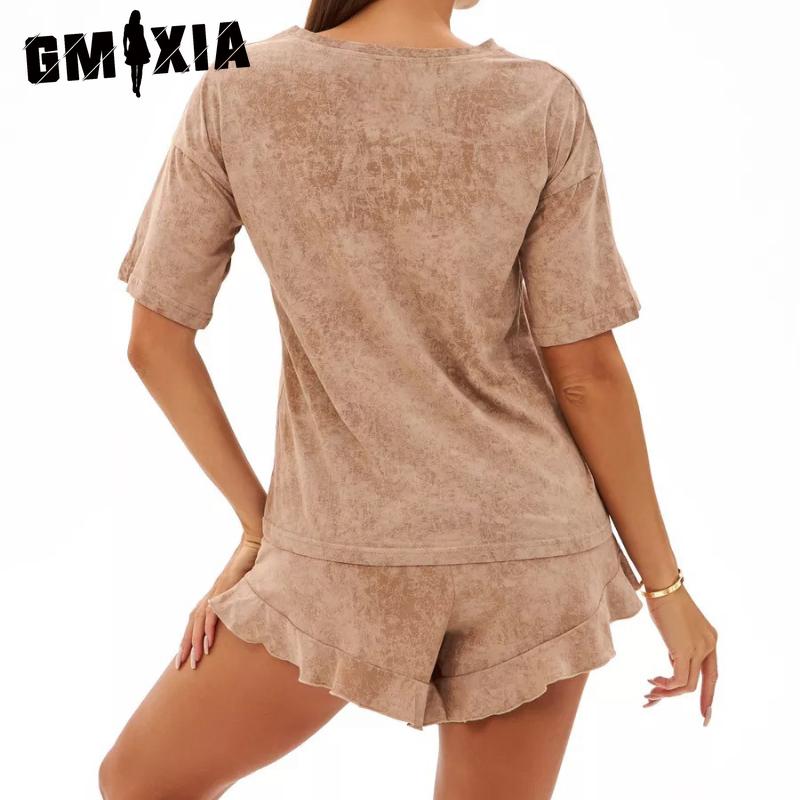 GMXIA Summer Short-sleeved Shorts Two-piece Loungewear Women's Loose Comfortable Suit