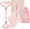 Plantifique Set of Rose Quartz Rollers and Gua Sha Stone for Women, Manual Massage Device
