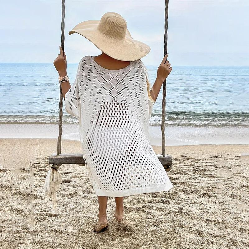 For Women New Arrival Style Solid Color Knitted Beach Knitted Sexy Long-sleeved Shirt Dress