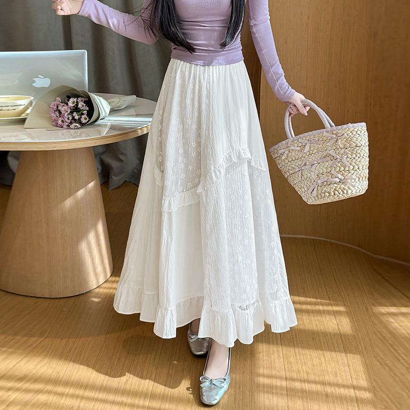 Women's White Lace Ruffled Midi A-line Cake Skirt - 2026 Spring/Summer