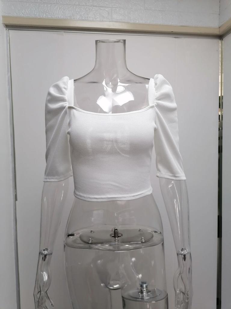 Women's Spring New Women's Simple Square Neck Puff Sleeve Top Women's Short Sleeve