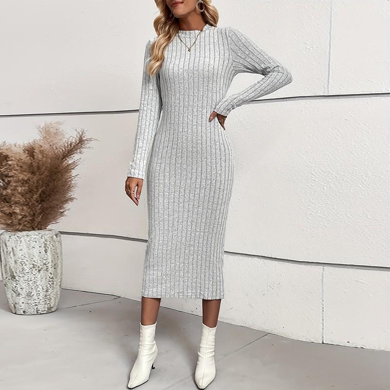 

European American Seasonal Knitted Dress Long-sleeved Slim Long One-step Women s M