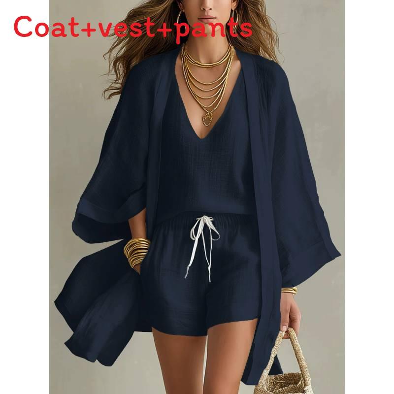 Summer Casual Set For Women With Sleeveless Cardigan And Shorts Made Of Cotton Linen For Relaxed Wear