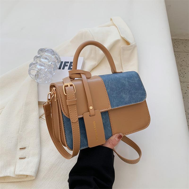 pu small square bag women's summer contrasting color fashion high-end texture messenger bag portable shoulder bag