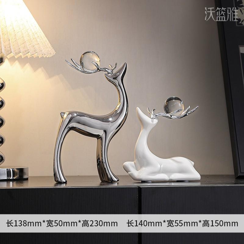 Modern Minimalist Ceramic Deer Figurine Set Living Room TV Cabinet Decor With Crystal Ball Or LED Light Option