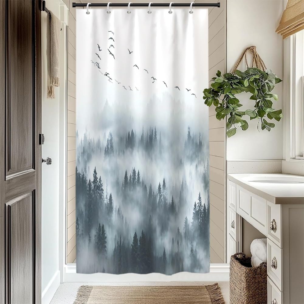 Misty Forest Shower Curtain Set Foggy Pine Trees Birds Nature Landscape Bathroom Decor Grey Rustic Woodland Shower Curtains for