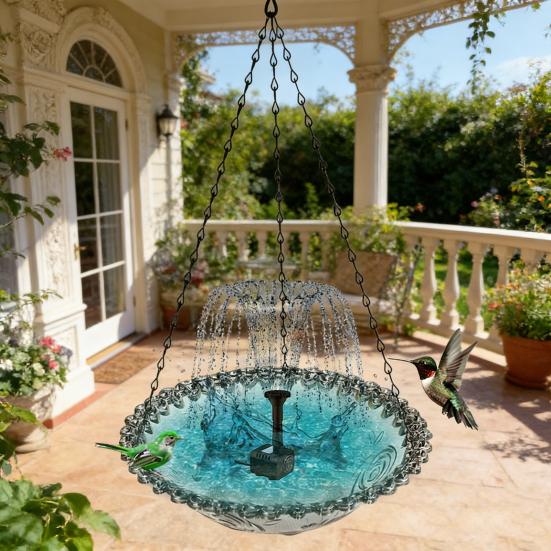 Solar Cascade Fountain Birdbath Solar Powered Fountain Bird Bath Hanging Glass Bowl Birdbath Attracts Wild Birds Hummingbirds for Outdoor Garden Yard