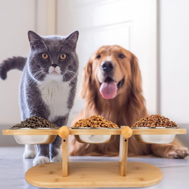 Elevated Cat Bowls Raised Wood Stand Feeder With 3 Stainless Steel Bowls Feeding & Watering Supplies For Puppy Cats Accessories