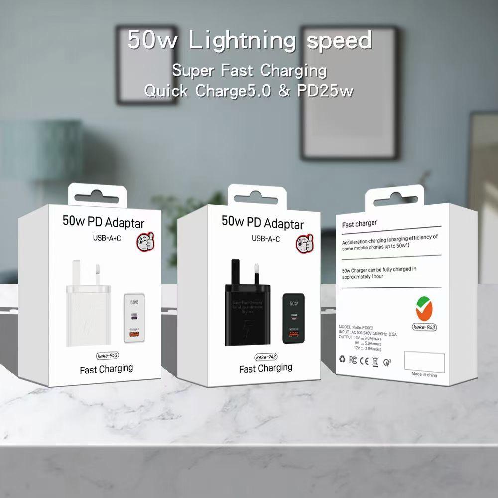 50W Dual-Port Charger, Compatible with Samsung, Huawei, and Apple Phones, PD Fast Charging Adapter for EU/US/UK Standards.