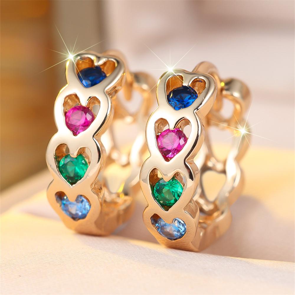 Single Row Love Heart Rainbow Crystal Hoop Earrings For Women Vintage Gold Silver Color Ear Buckle Wedding Jewelry Bridal Gifts