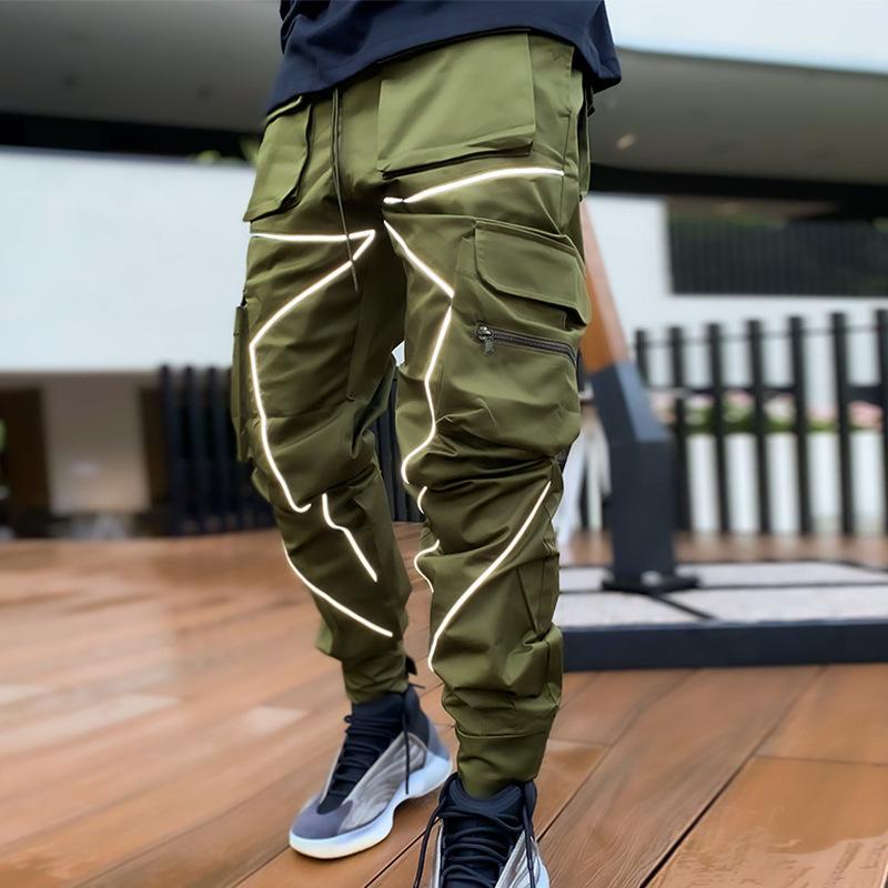 Men's Casual Pants, Black Drawstring Cargo Pants, Loose Pants, Straight American Overalls