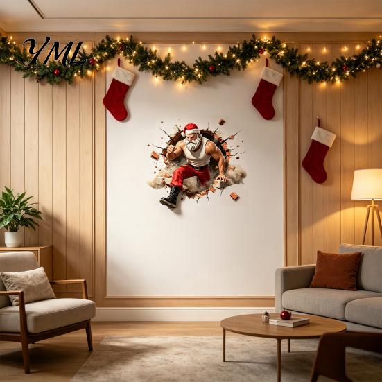 Seasonal Window Decorations Muscle Santa Claus Break Through Wall Christmas Decal, 3D Cracked Brick Gift for Friends Self?Adhesive Sticker,