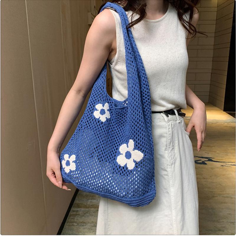 Nowa Prosta Retro Torba na Ramię Torebka dla Kobiet Moda Słodki Kwiat Ażurowa Torba Tote Duża Pojemność Damska Torba na Zakupy
