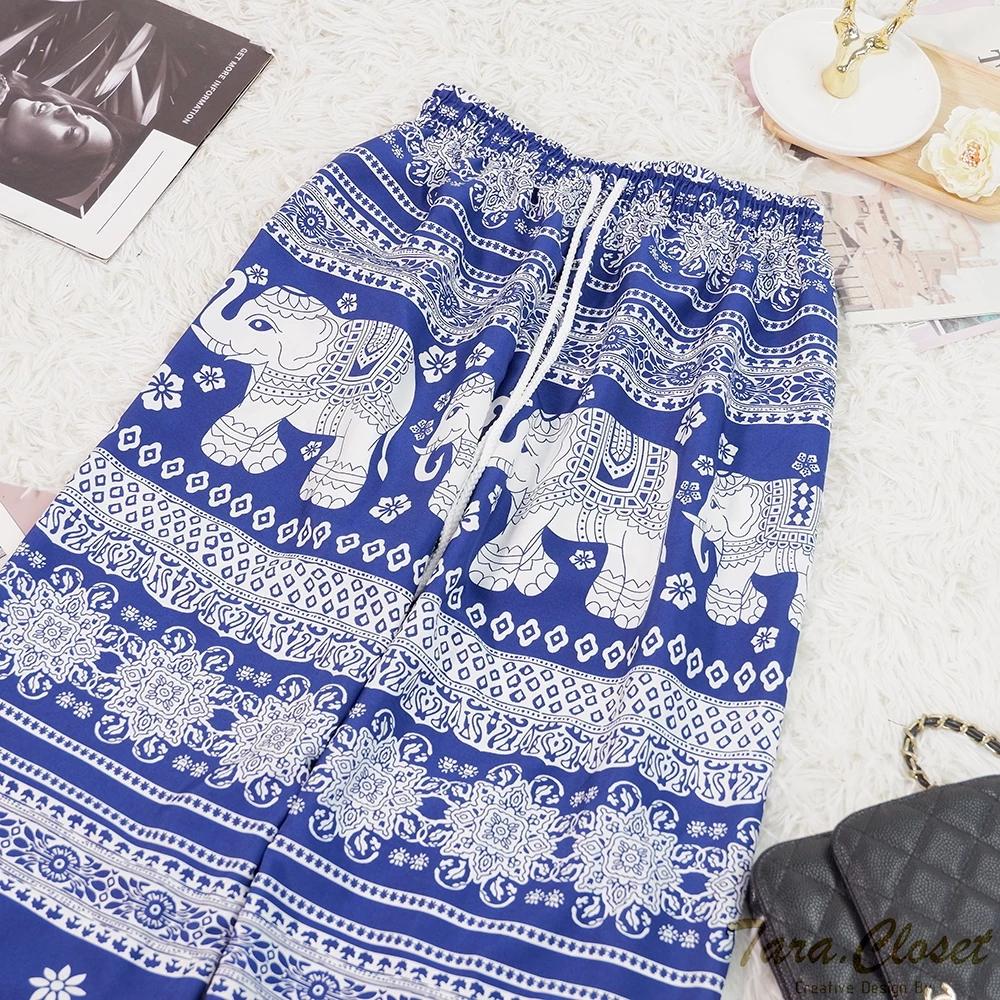 Long Elephant Pants Adjustable Elastic High Waistband Strap Loose Leg Unisex Man Women Print Thailand Casual Streetwear Bohemian Retro Vintage Boho