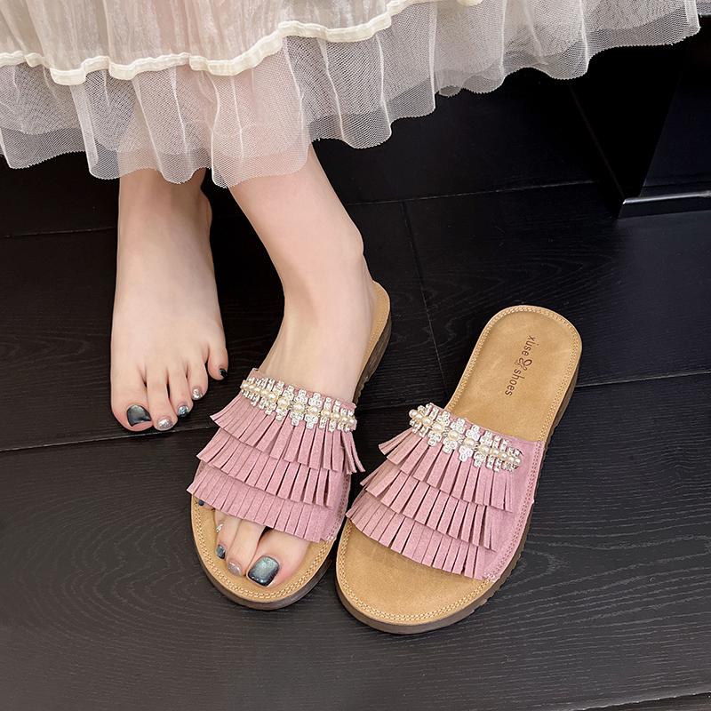 

Fashion Korean Edition Pearl Retro Fashion Tassel Slippers Women Outside Wear Casual Flat Comfortable Slippers 41 розовый