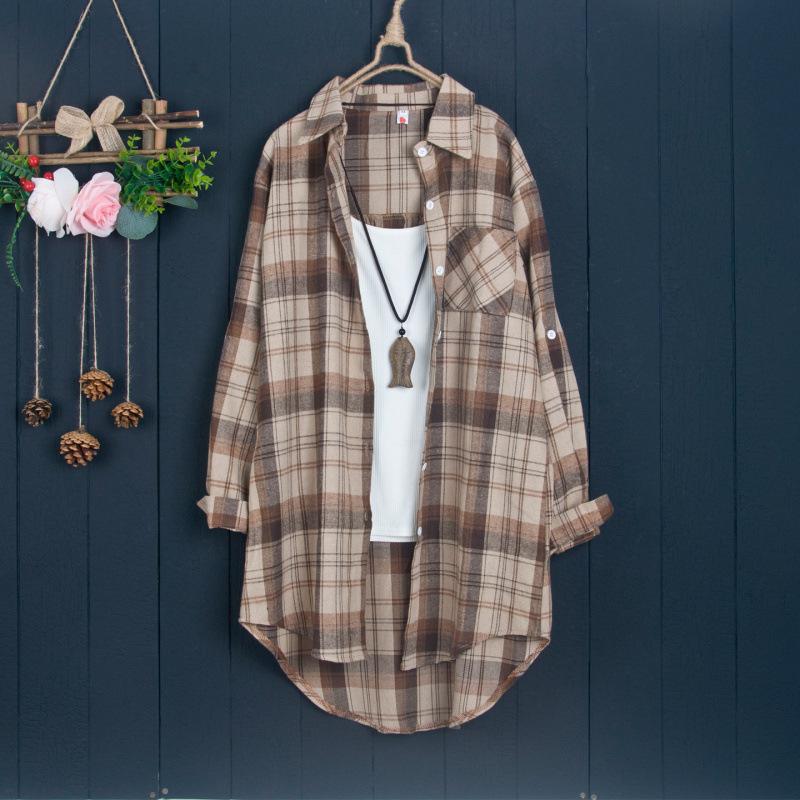 Pink Plaid Cotton Linen Women s Mid-Length Loose Spring/Autumn Jacket Shirt L