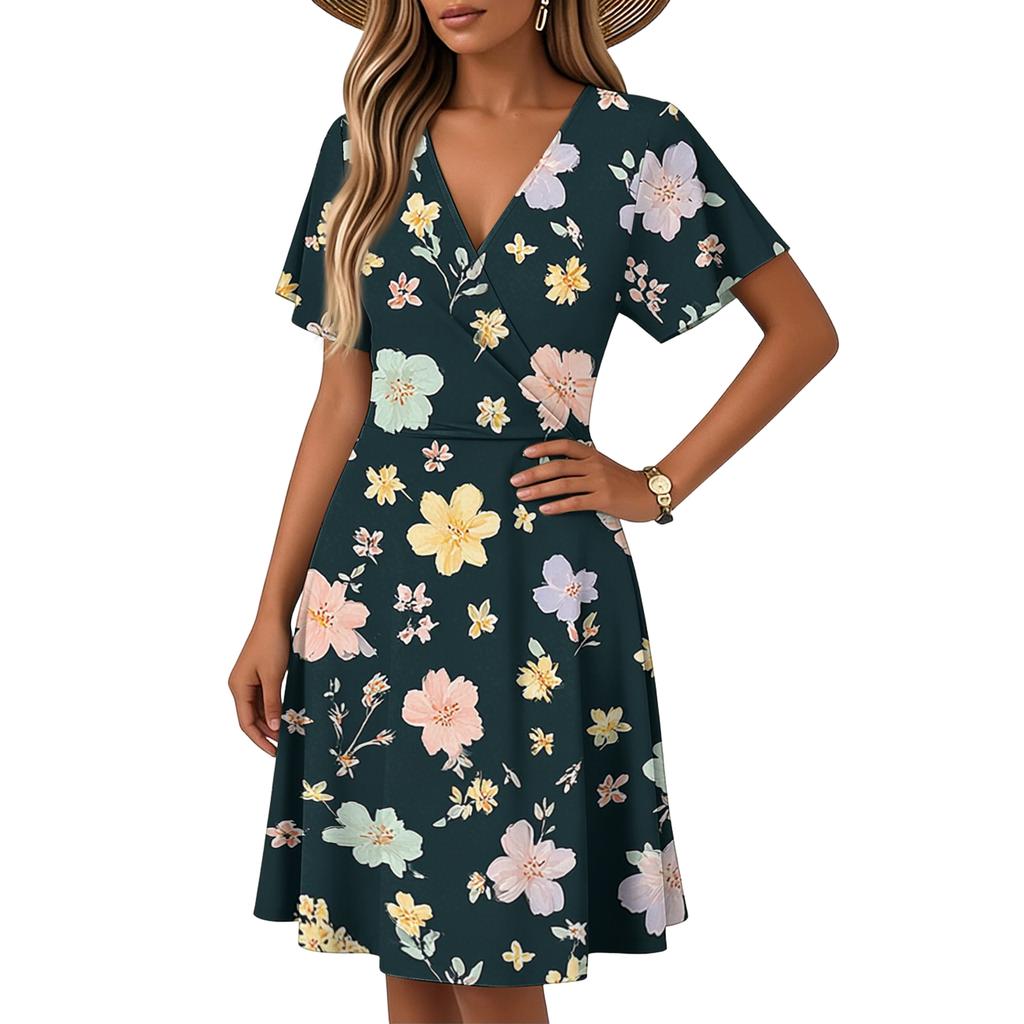 Women's Horn Sleeve Short Sleeve Casual Dress Plant Floral Print V-Neck Dress