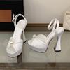 Pesstwei Summer Fashion Peep Toe Women Sandals High Quality Satin Pearl Square Heels Shoes Buckle Strap Zapatos De Mujer