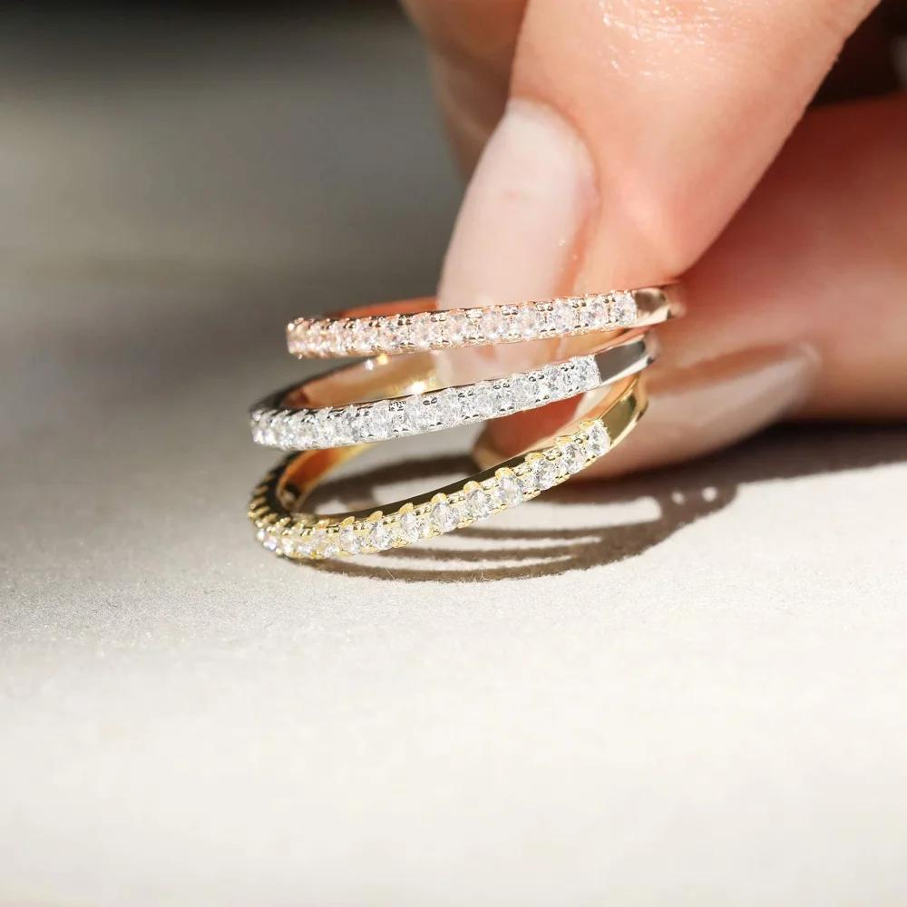 Trumium 2mm 925 Silver Rings For Women Zircon Inlaid Half Eternity Stacktable Ring Fine Jewelry for Wedding Anniversary