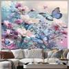 2D Dreamy Blue Butterfly Backdrop, Pink Flowers with Glitter Photography Background