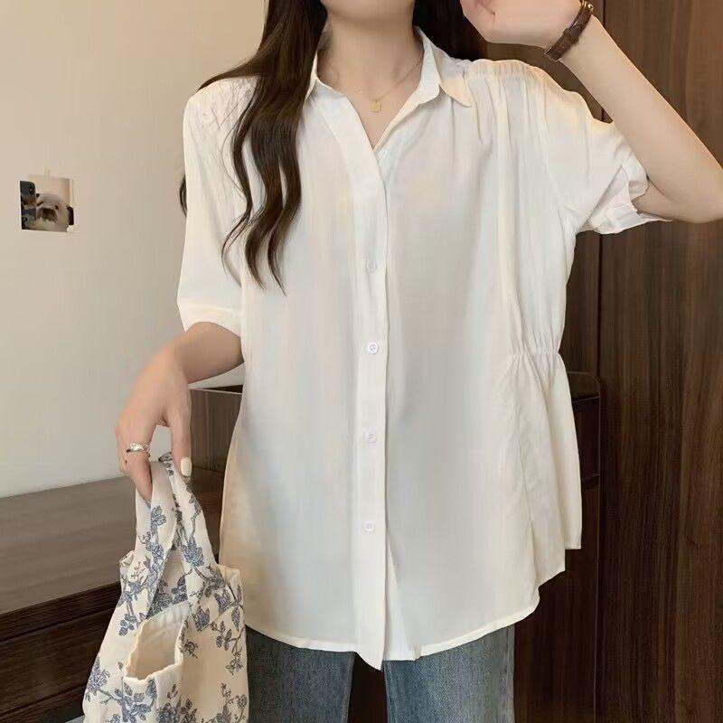 

Женская одежда больших размеров Design Sense Niche POLO Collar шифоновая рубашка женская свободная посадка утягивающий топ с короткими рукавами 2XL белый