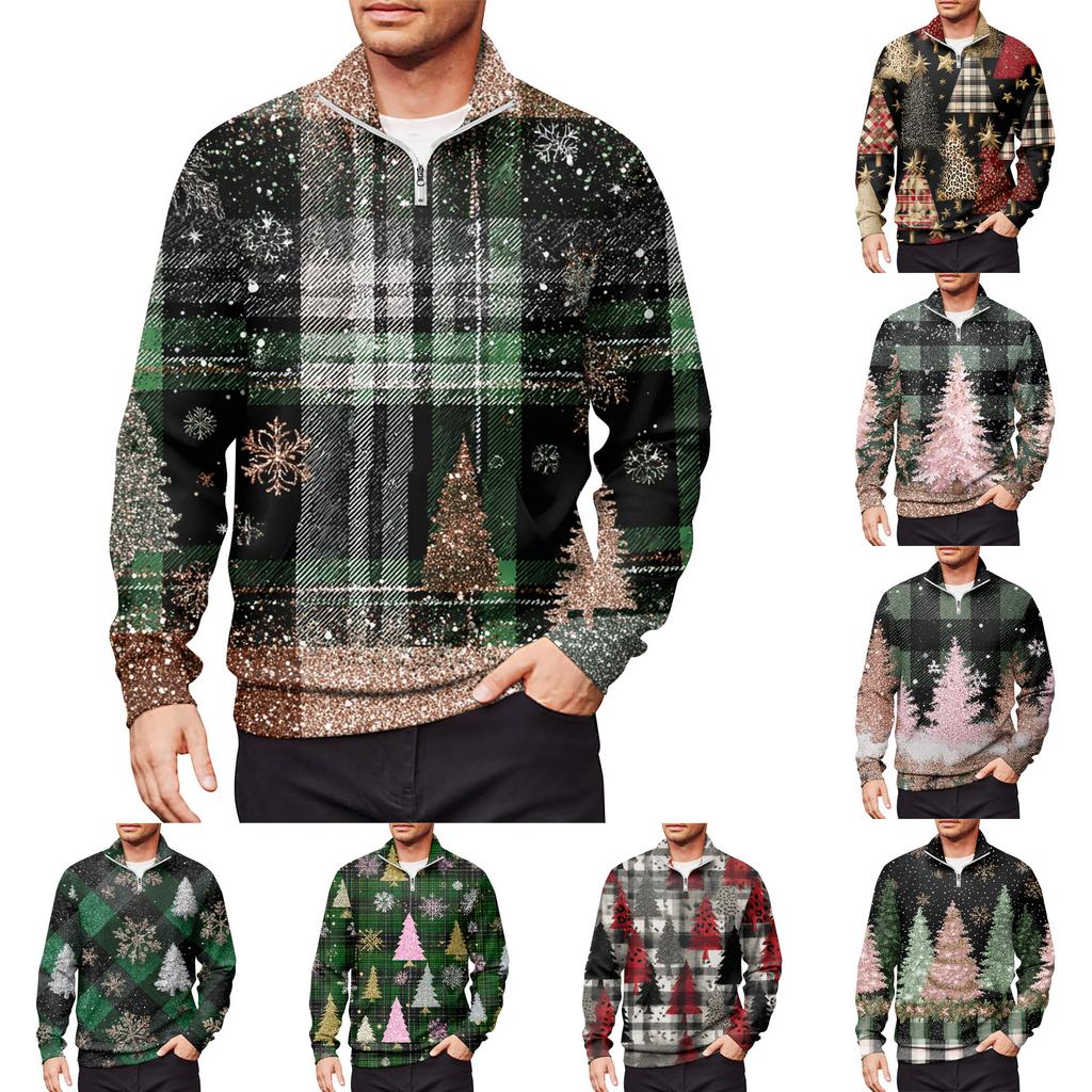 Men's Loose Casual 1/4 Zip Sweatshirt Fashion Printed Long Sleeve Top With Pockets