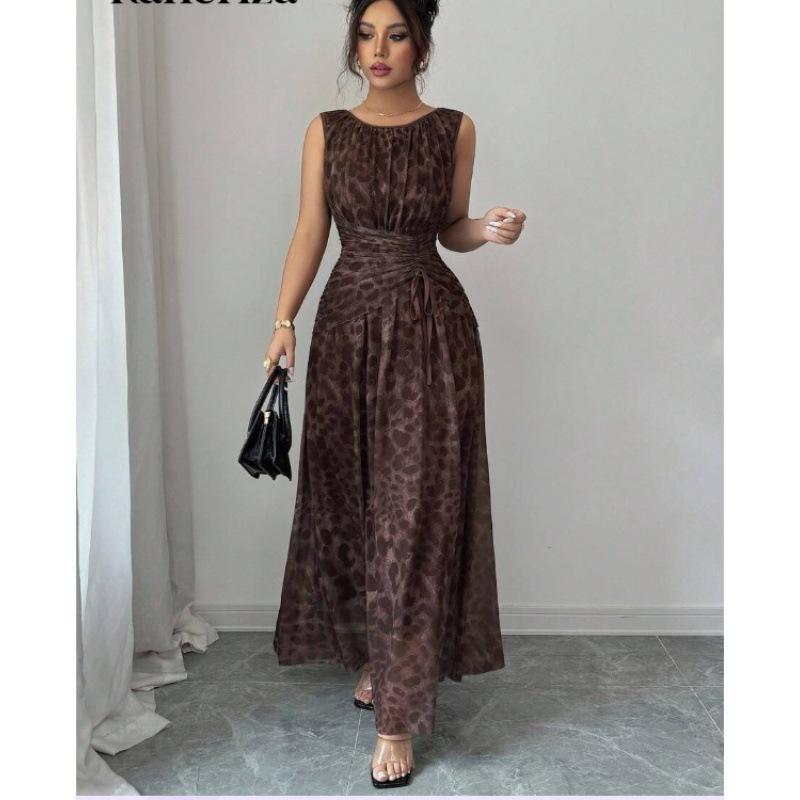 2026 new European and American women s elegant leopard print mesh round neck pleated waist drawstring A word sleeveless long dress S