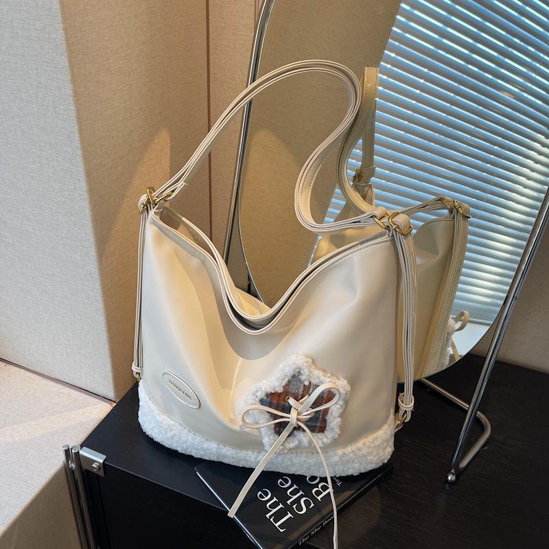 

Retro plush backpack women s large capacity new casual shoulder bag niche commuter tote bag бежевый