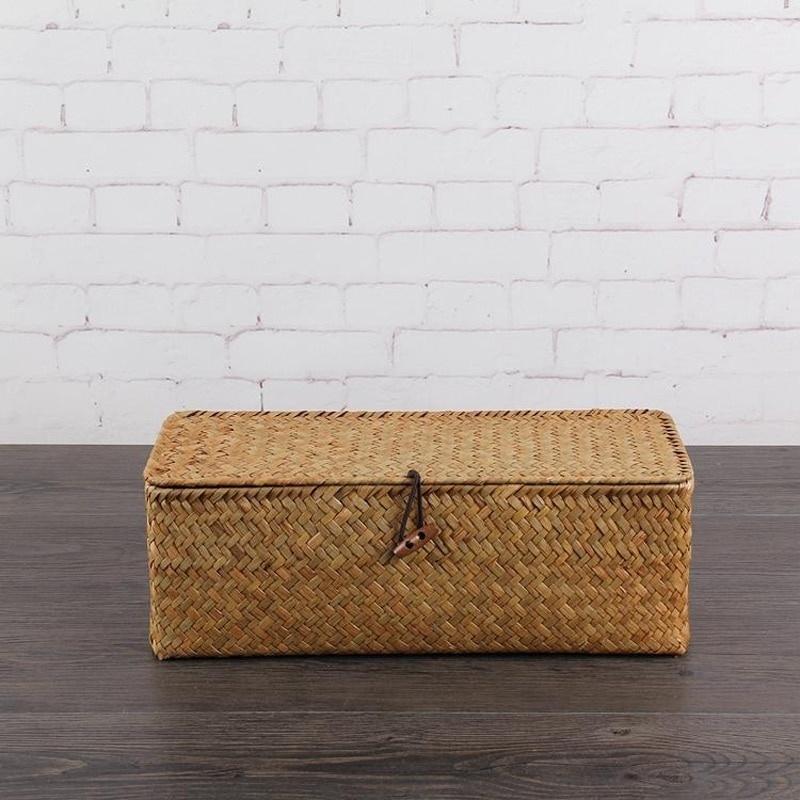 3 Grid Handmade Rattan Storage Box Straw Desktop Tea Set Storage Baskets with Cover Vintage Jewelry Storage Case for Decor