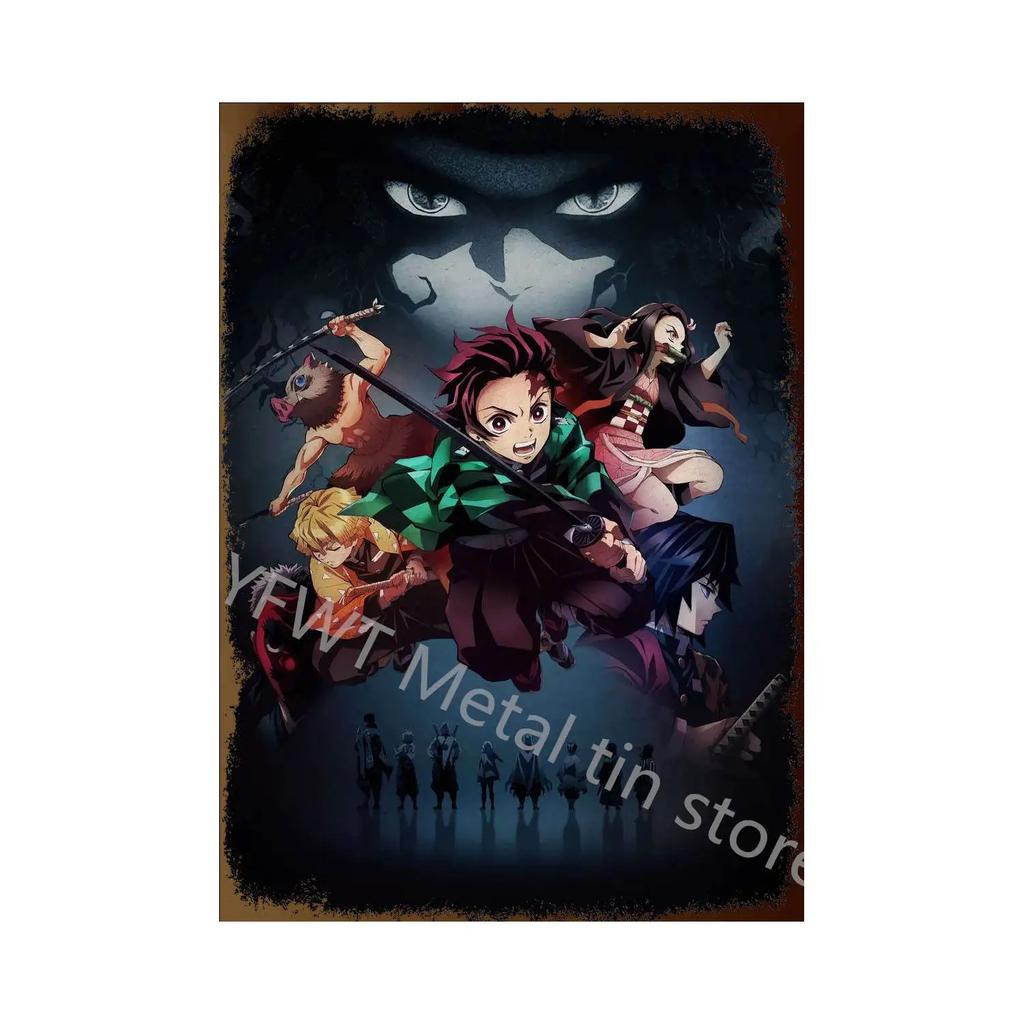 Demon Slayer Tin Sign Vintage Anime Metal Poster Colorful Wall Art Iron Plaque Retro Home Decoration for Bar Cafe Living Room