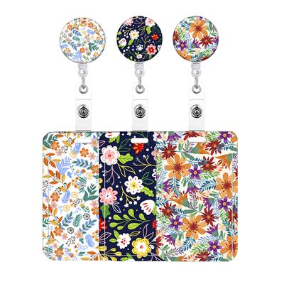 1pcs Staff Work Card Cover Holder Neck Strap Retractable Badge Reel Clip Floral Employee's ID Name Card Card Cover Case Lanyard