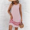 European & American Summer Plaid Print Casual Round Neck Dress for Women