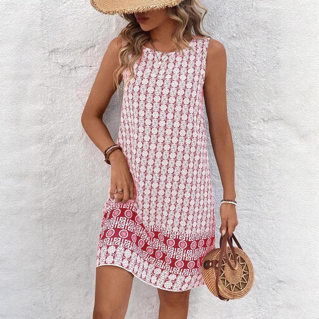 European & American Summer Plaid Print Casual Round Neck Dress for Women