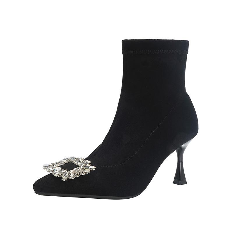 Suede Autumn and Winter New Rhinestone Square Buckle Elastic Thin Short Velvet Tube Boots Korean Version Pointed Head Thin Heel High Heel Short