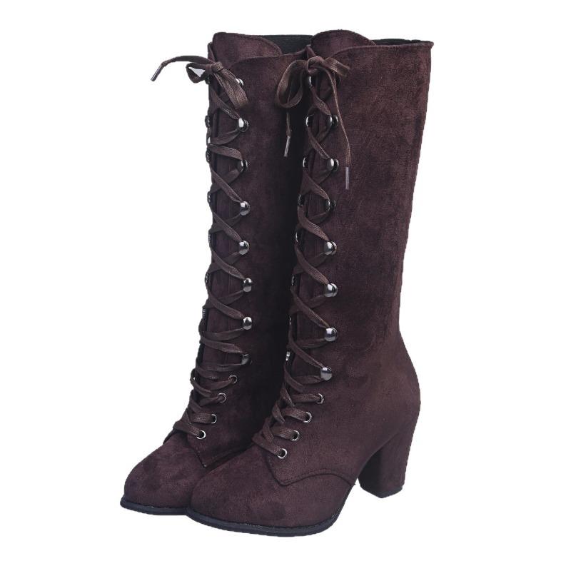 High-heeled Fashion Boots 2025 Winter New Slimming Plus-size Thick-heeled Cross-strap Boots