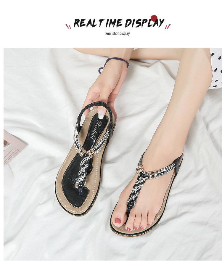 2024 Vår Strass Halkfria Böhmiska Platta Sandaler med Tårem för Kvinnor