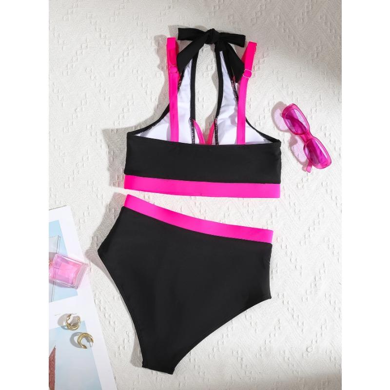 Vintage Black Patchwork Bikini Set 2025 Women Double Strap V Neck Push Up Pleate High Waist Swimsuit Beach Bathing Suit Swimwear