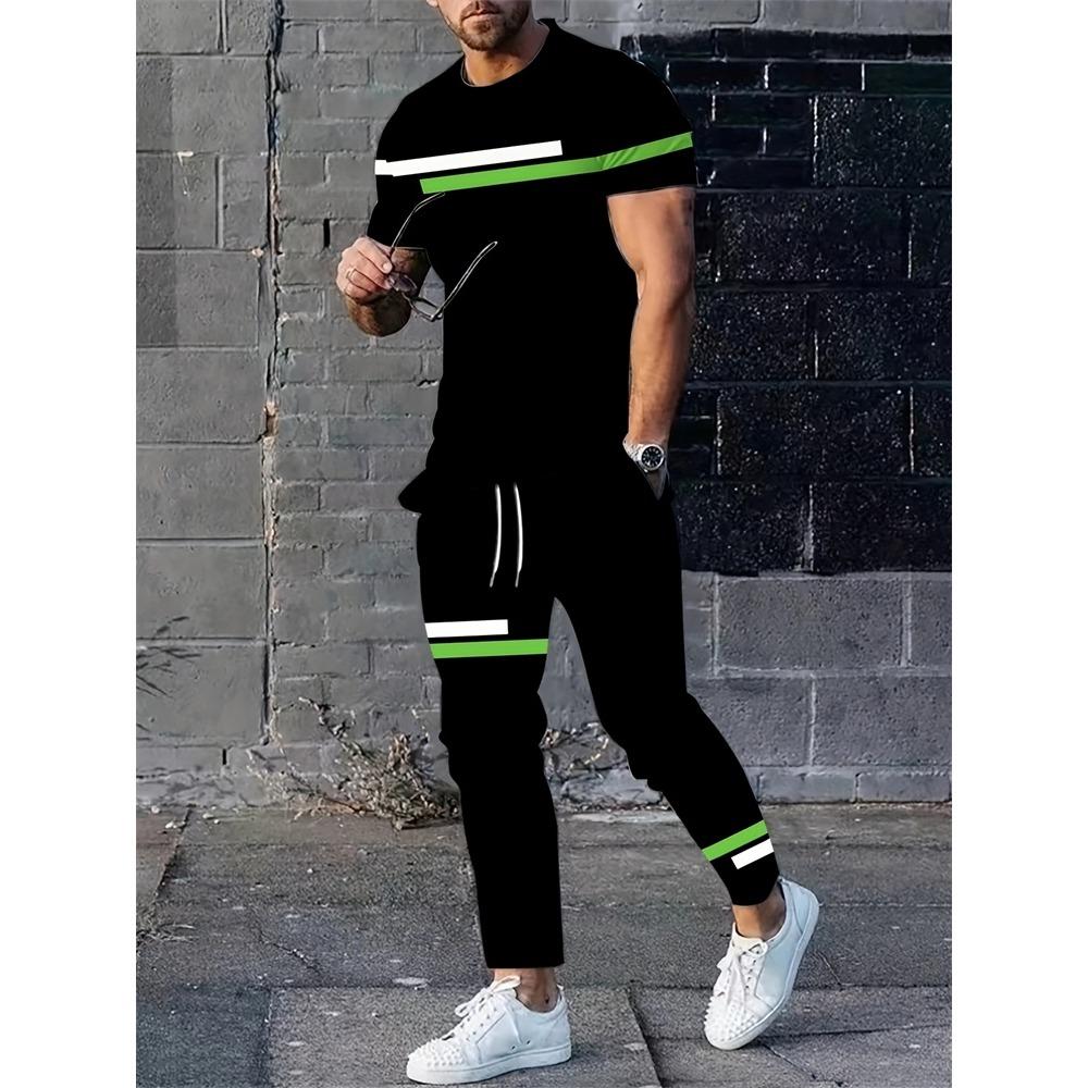 Color Block Letter Men's Set, Three-color Patchwork Short-sleeved Shirt And Long Pants, Simple And Casual
