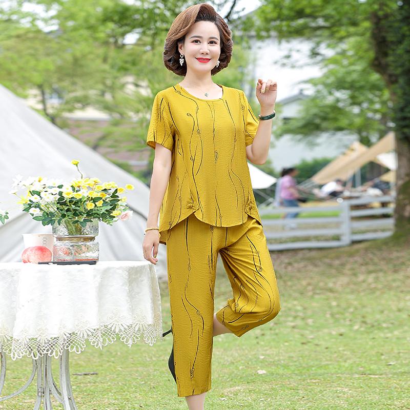 Middle-aged Women Clothing Summer 2 Piece Sets Women's Short Sleeve T-shirt and Harem Pants Loose Woman Suit