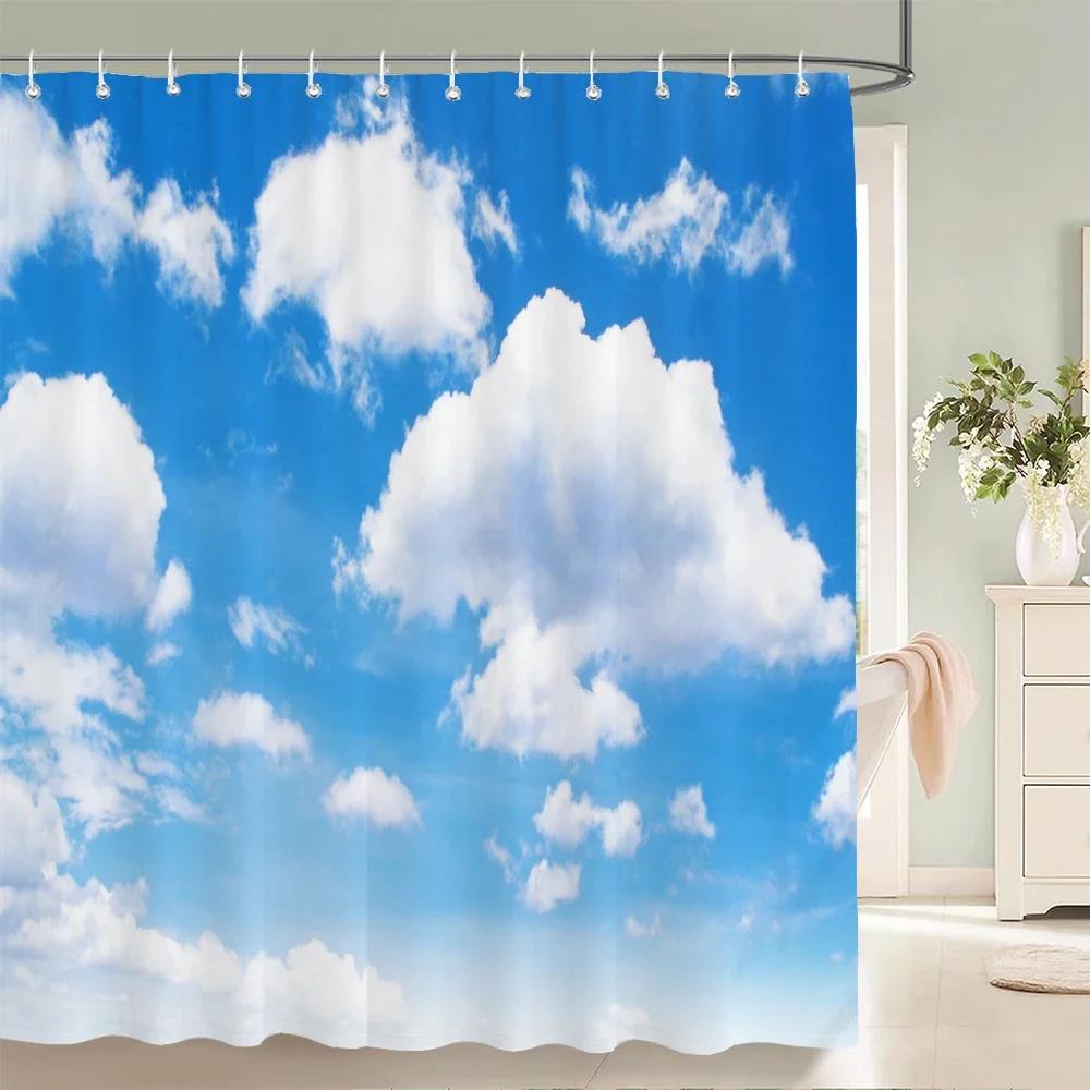 Blauer Himmel Wolken Landschaft Duschvorhang Wasserdichter Badezimmervorhang Mit Haken Badezimmer Vorhänge Stoff 3D Gedruckt 180*200cm Vorhang