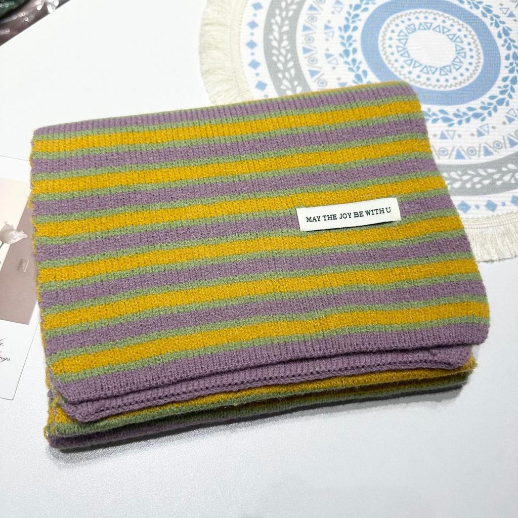 New Striped Knitted Scarf for Women in Winter High End Versatile and Cute Woolen Small Scarf Men's Neck Protector Warm Korean Version